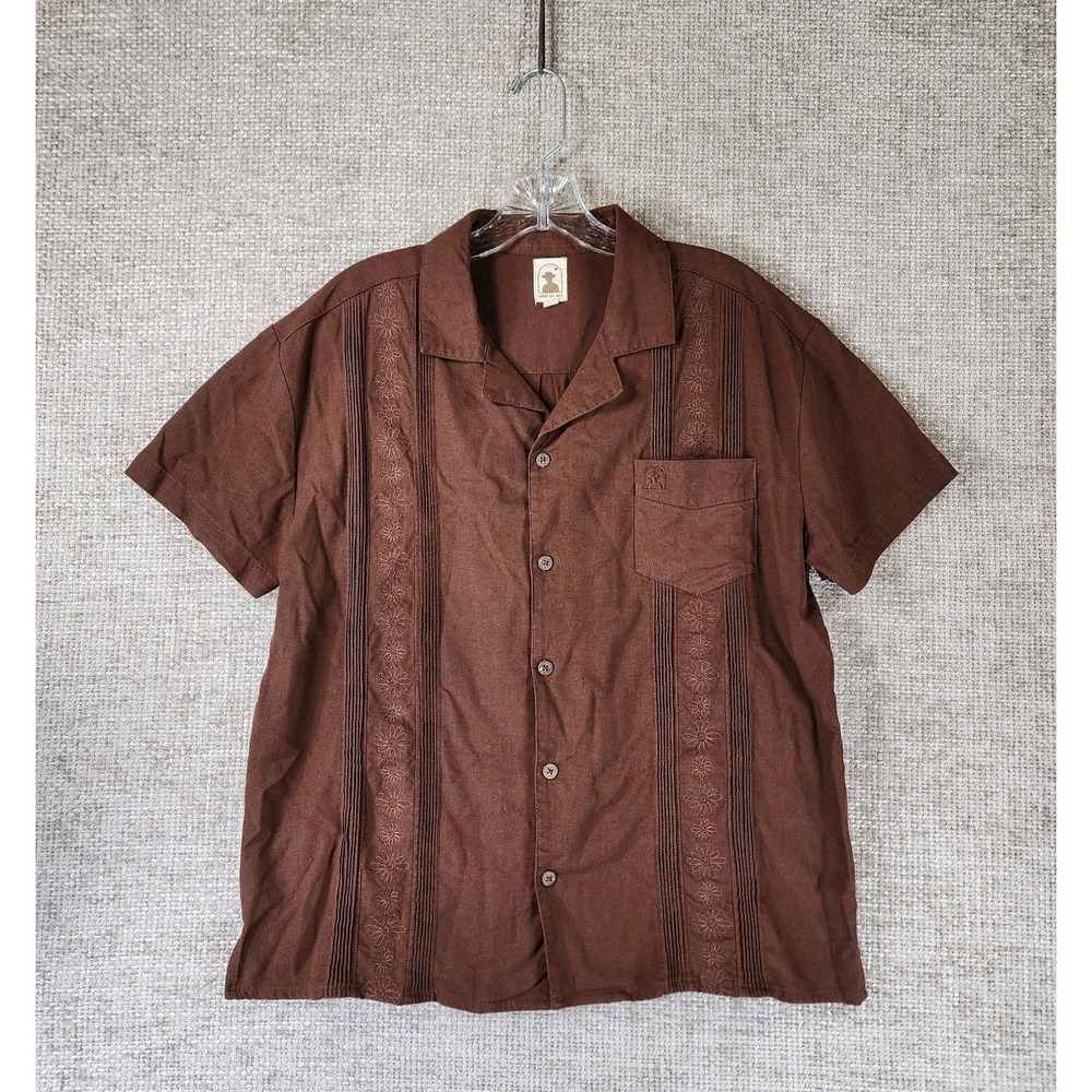 Dandy Del Mar Linen Blend Shirt Mens M Brown Embroidered Cuban Guayabera Button